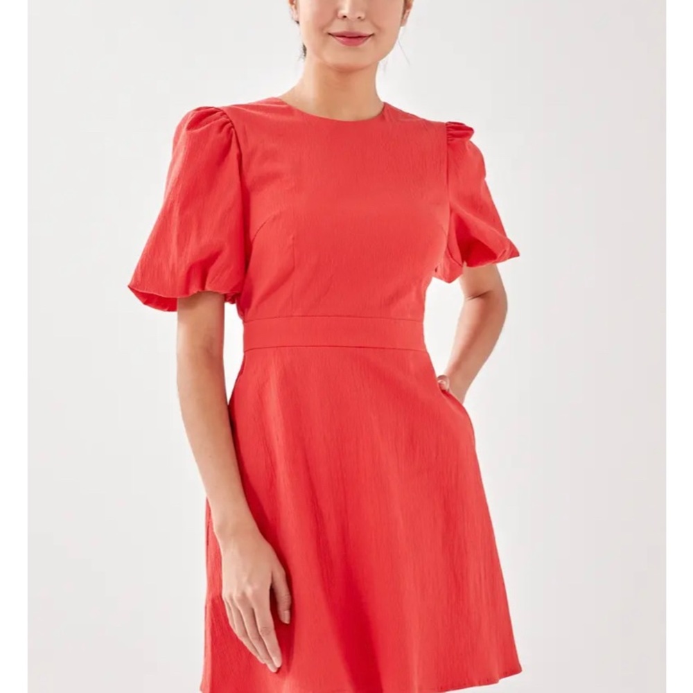 Love Bonito coral dress with puff sleeves and side pockets